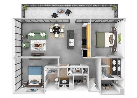 Main 3 Downtown floor plan B3 Tower  - 2 bed 2 bath - 3D